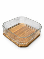 Textured Glass Serving Dish with Wooden Base - studio view