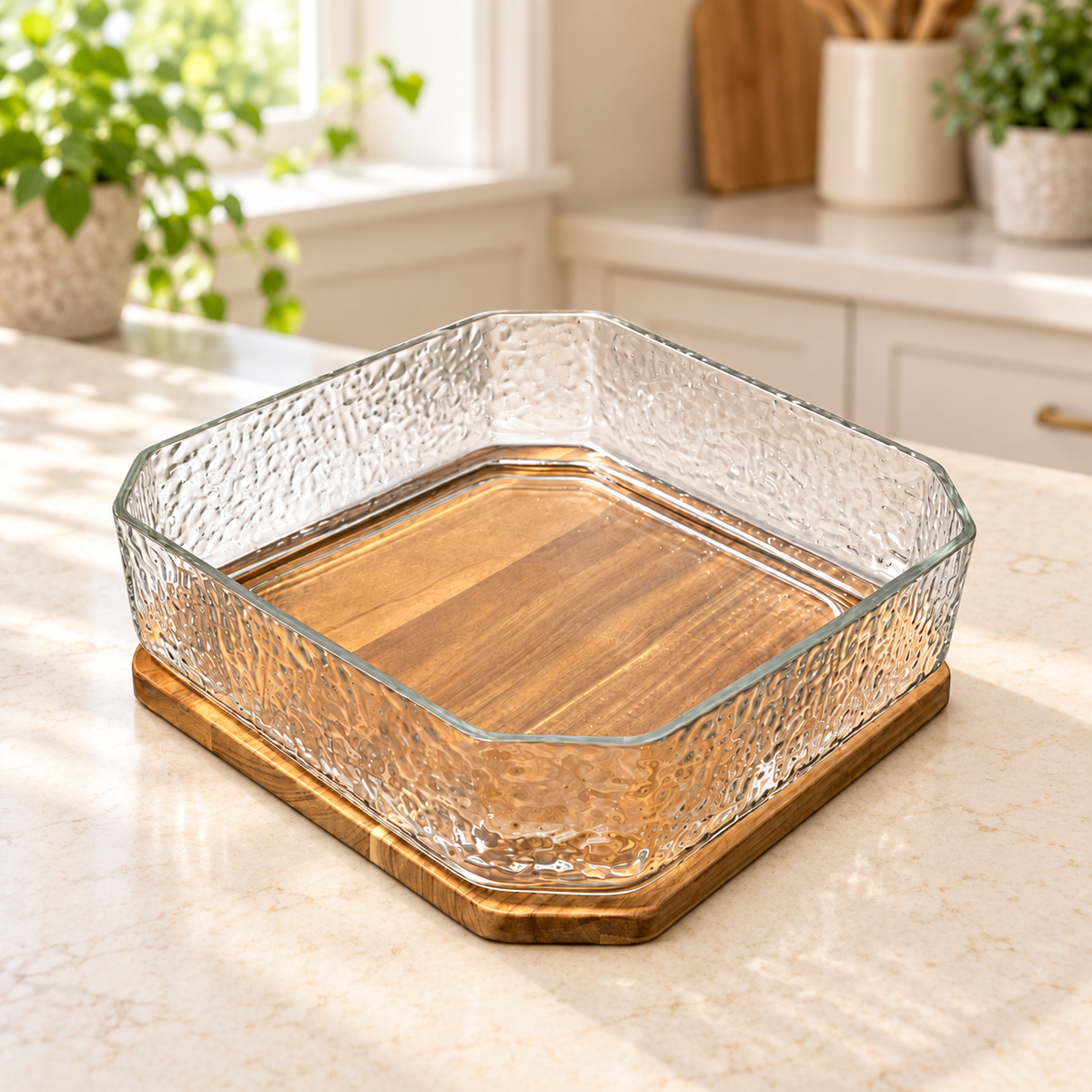 Textured Glass Serving Dish with Wooden Base - product view
