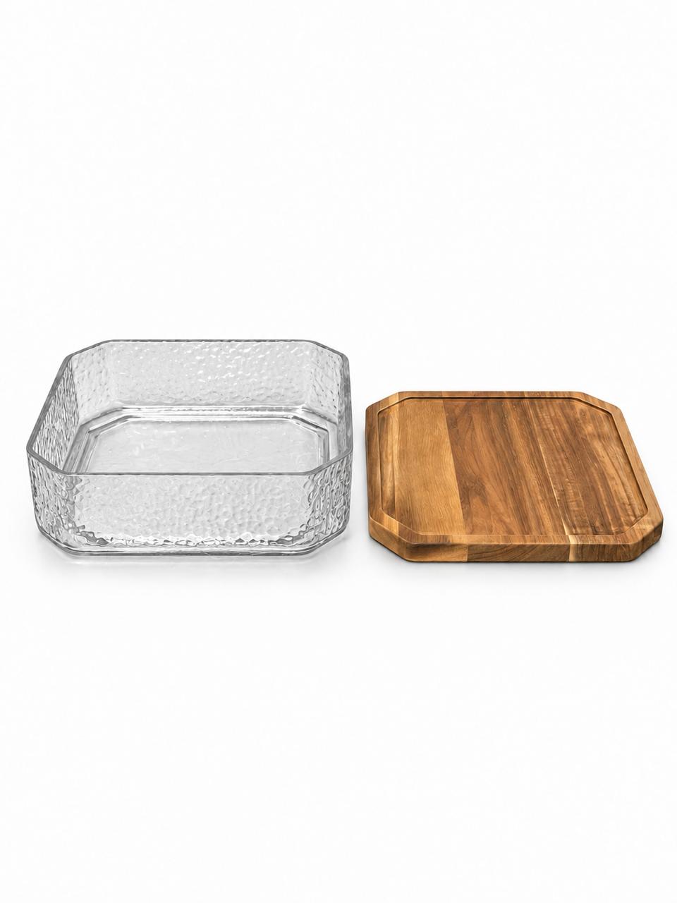 Textured Glass Serving Dish with Wooden Base - product view