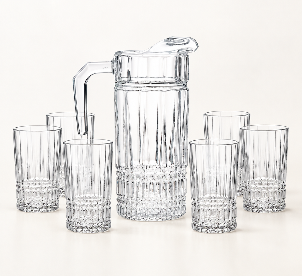 Luminarc set with one glass jug and six matching glasses on a light background