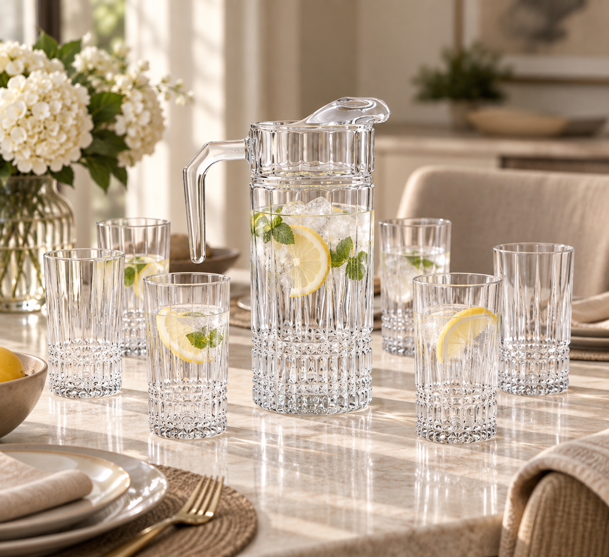 Luminarc jug and six glasses styled with lemon drinks on a dining table